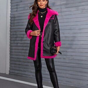 Black Preppy womens Teddy Lined PU Leather Coat
